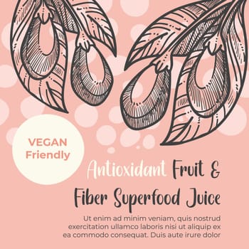 Antioxidant fruit and fiber superfood juice, vegan friendly products. Tasty meal for vegetarian menu, supplements and dietary course. Promotional banner, advertisement of product. Vector in flat style