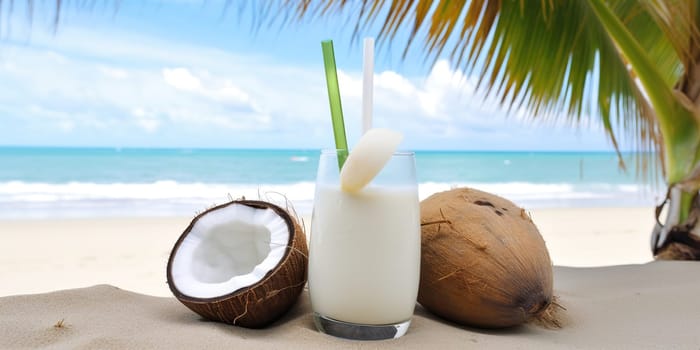 Coconut coctail lying on the beach under a palm tree with the ocean in the background