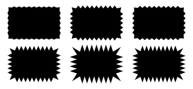 Set of empty black rectangles with zigzag edges. Tags or labels, stickers or badges, stamps rectangular shapes with jagged borders isolated on white background. Vector graphic illustration
