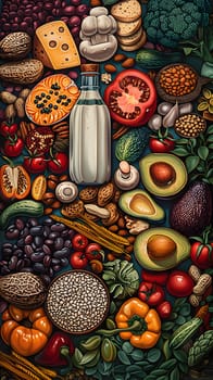 Artistic still life painting of fruits, vegetables, and milk bottle