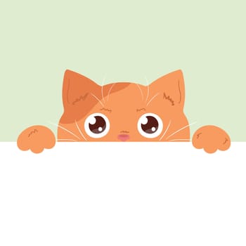Cute peeking ginger cat. Curious cat is looking out of the table.  Empty space for text. Vector illustration