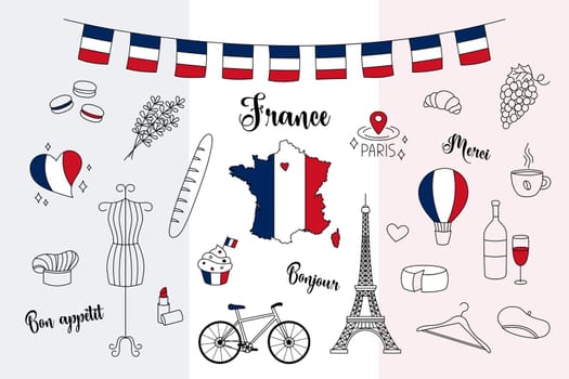 France doodles set vector. Illustration of cute hand drawn outline French symbols Eiffel Tower, lavender, country map, flag and others. National lankmarks clip art collection