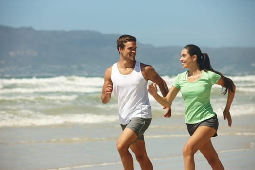 Training, beach and running with couple, fitness and summer with wellness or practice with morning routine. Seaside, energy or man with woman or runner with hobby or activity with exercise or workout.