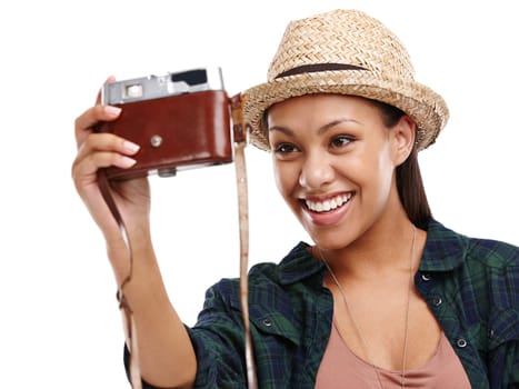 Woman, selfie and retro camera for happy, travel and white background or studio. Female person, smile and summer for tourism, destination and film photography in backdrop, vacation and holiday