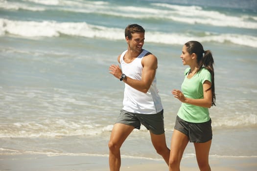 Cardio, beach and running with couple, energy and summer with wellness and workout with morning routine. Seaside, sunshine or man with woman or runner with training and ocean with exercise or active