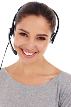 Person, headset and smile for call center agency, online marketing or customer sales in studio portrait.Woman, headphone and happy for digital consulting, client servicing or consumer relations