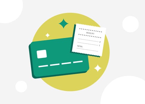 Bill payment icon with bank card and financial receipt, payment bills with credit card. Pay receipt vector illustration with icons on white background