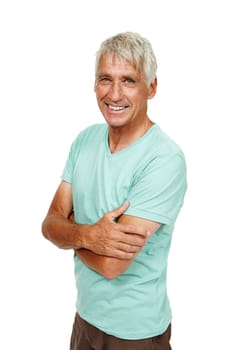 Senior man, portrait and happy in studio with arms crossed, confidence and pride for fashion, clothes and trendy. Mature male, smile and experience with wisdom on isolated white background for style