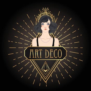 Art Deco vintage invitation template design with illustration of flapper girl over patterns and frames. Retro party background set in1920s style. Vector for glamour party.
