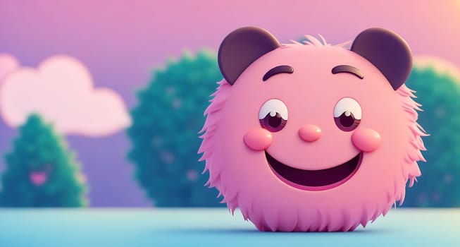 The image is a cartoon pink bear with big eyes and a smile, standing in front of a green background.