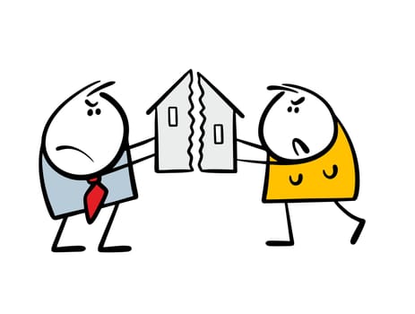 Man and a woman broke down house, keep two halves of building, divide property in divorce. Vector illustration of marital quarrel. An aggressive couple in conflict situation. Isolated on white.