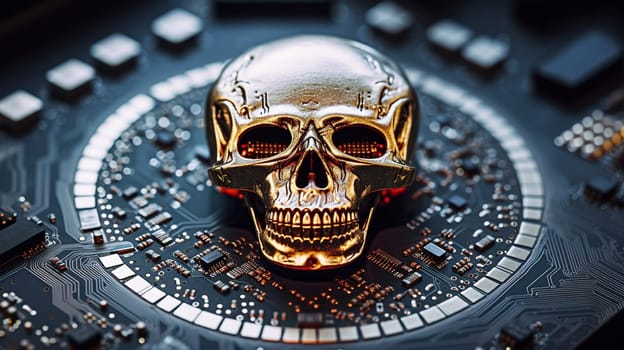 microchip in the form of a golden human skull in a computer, artificial intelligence from the inside, futuristic future,