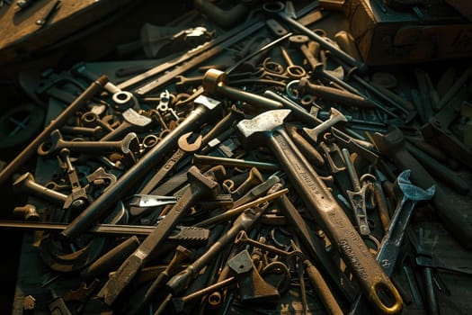 A pile of tools in warm light, Building and measuring tools, Generative AI