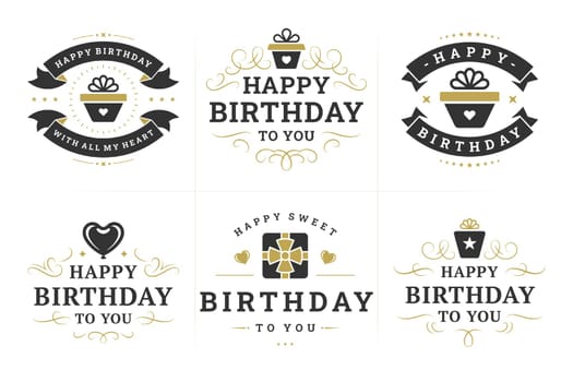 Happy birthday black luxury brutal vintage emblem and badge set for greeting card design vector flat