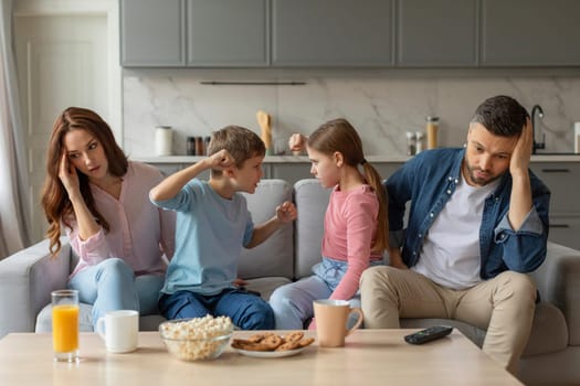 Sibling quarrel with parents feeling stressed, home interior