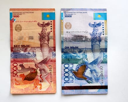 Top view. Money background. Photo with various paper banknotes of Republic of Kazakhstan