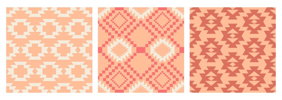 Tribal southwestern seamless patterns set. Native American quilting Navajo backgrounds collection. Ethnic fashion Aztec ornament, abstract geometric handmade print for blankets, textile, wallpaper, wrapping paper