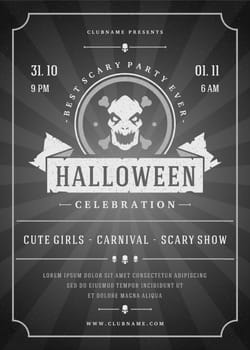 Halloween celebration night party poster or flyer design retro typography vector template. Movie ending screen style background.