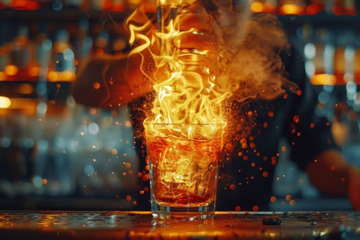 A bartender is pouring a drink into a glass with a blue flame