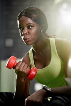 Weight, African woman or gym as strength, fitness or health by training, exercise or workout. Flex, breath or black girl as confident, fit or muscle by power, performance or self care for wellness