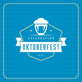 Oktoberfest beer festival celebration vintage greeting card or poster and blue checkered background vector illustration.
