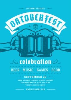 Oktoberfest flyer or poster retro typography template design willkommen zum invitation beer festival celebration vector illustration. Two hands holding beer mug symbol.