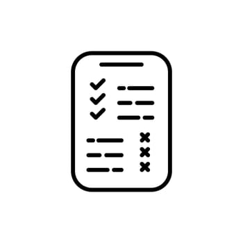 Document with a check mark vector. Checklist linear icon. A sheet with a pen for filling. A tick and a cross on the document. Voting ticket vector. Vector illustration.