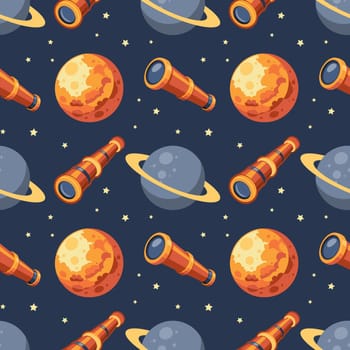 Seamless pattern, telescope, planet and solar eclipse Moon. Background for children, scrapbooking, children's room.