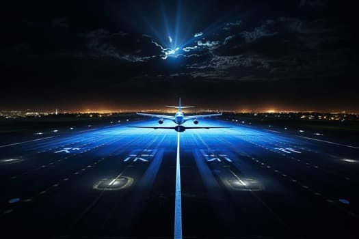 An airplane in bright blue rays of light takes off at night. Generative ai