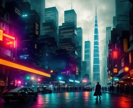 A city street at night with tall skyscrapers and neon lights.