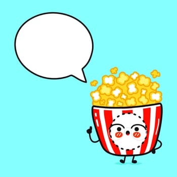 Popcorn with speech bubble. Vector hand drawn cartoon kawaii character illustration icon. Isolated on blue background. Popcorn character concept