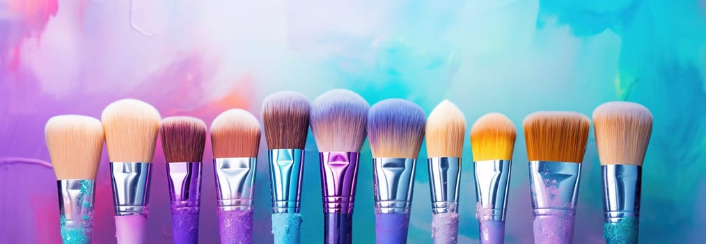 row of brushes laid out flat on a canvas, various shades of purple and blue against a colorful background