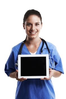 Tablet, nurse and portrait of woman on a white background for medical website, telehealth and news. Stethoscope, healthcare and person with tech screen for cardiology, online consulting and service