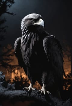 Accipitridae bird of prey, black eagle perched on tree branch in the dark
