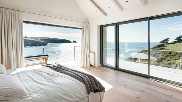 Beautiful interior of luxury bedroom with window sea view. Coastal cottage concept