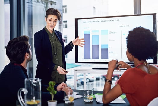 Business people, saleswoman or screen for coaching, graphs or training data in meeting. Education, financial presentation or speaker teaching audience on charts stats on monitor in workshop or speech.