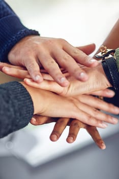 Stack, hands and business people with teamwork, cooperation and motivation for project launch. Staff, group or men with women and palms together with collaboration, support or company goal with trust