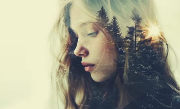 Double exposure portrait profile of calm thoughtful woman with forest, trees, nature concept