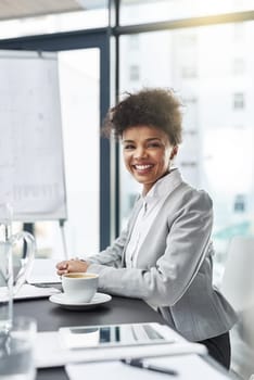Portrait, business and black woman with investment, accountant and financial advisor with smile. Person at desk, professional or broker with startup and corporate with confidence or economist analyst.