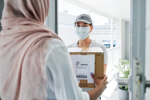 Courier, mask and delivery to home with box for ecommerce, distribution and safety compliance. Muslim person, house and woman with package for supply chain, shipping and protection in online shopping