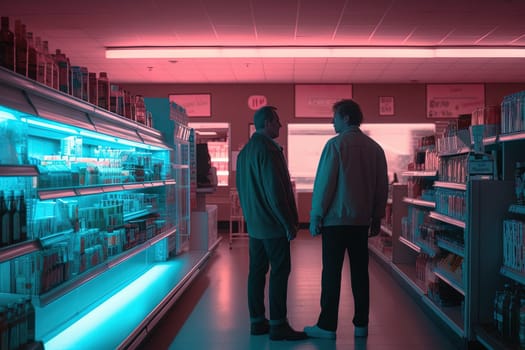 Family of father and son looking cool in 80s styled synthwave store. People in supermarket. Generated AI.