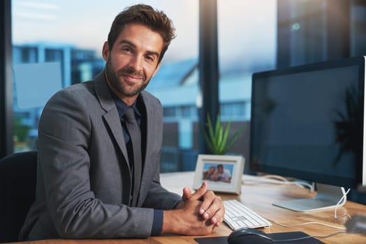 Portrait, happy and business with man at desk, professional and stock market with computer and trading. Face, person and employee with pc and relax with investment and broker with accounting and calm
