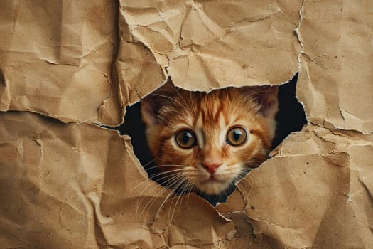 A tabby ginger kitten looks through a hole in old worn paper. Pets. Generated by artificial intelligence