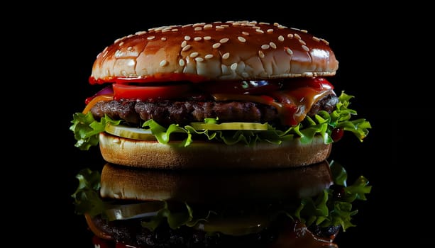 Fresh tasty burger on black background. Shallow dof.