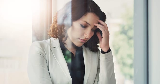 Business, window and sad woman with depression, burnout and negative feedback with kpi review mistake, tired or emotion. Person, consultant or professional with stress or fail with debt or bankruptcy