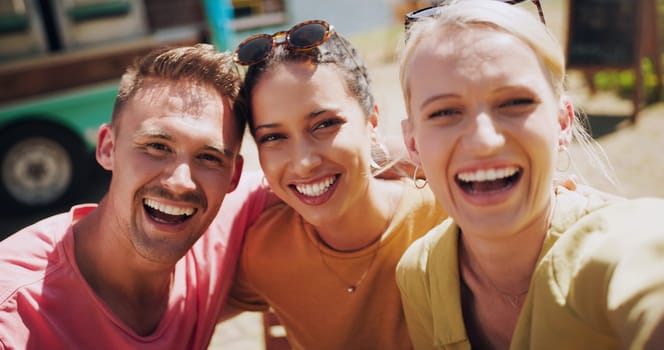 Portrait, friends and selfie with smile outdoor for bonding, profile picture update or chill together. Happy people, man and women for photo memories, image moment and social media on weekend trip