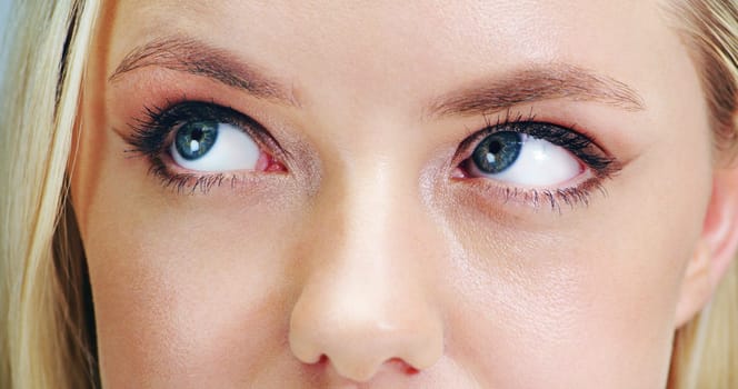 Closeup of eyes, makeup and woman is thinking for beauty, cosmetics and lashes with mascara. Skin, wellness with insight or memory, vision for cosmetology or eye care, eyelash and eyeliner with POV.