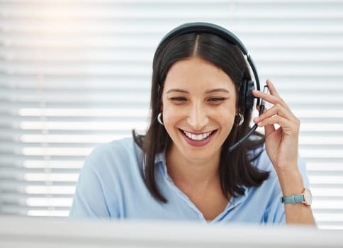 Computer, agent or happy woman consultant in call center talking or networking online in a telecom office. Smile, support or virtual assistant in communication or conversation at customer services