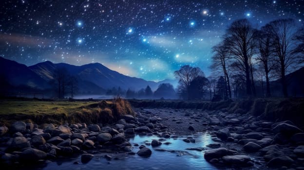 Beautiful night landscape with stars over the water. Beautiful Milky Way in the sky on a summer day