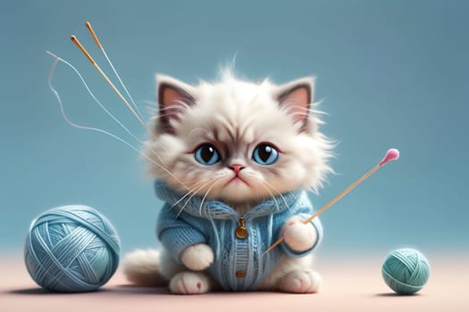 cute kitten in a knitted sweater and with a ball of knitting thread